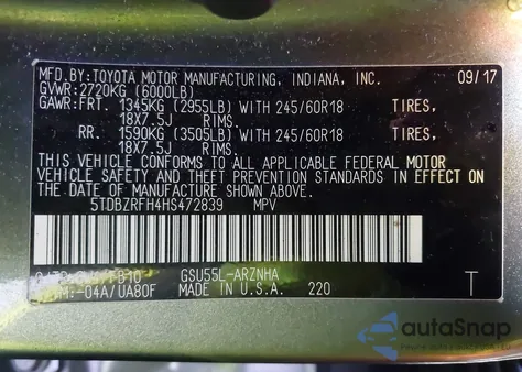 2017 Toyota Highlander Le из США, поврежденный, VIN 5TDBZRFH4HS472839